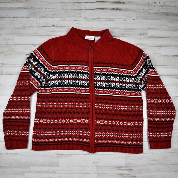 Deep red snowflake pattern soft chenille full zip cardigan sweater women's large - Picture 1 of 5